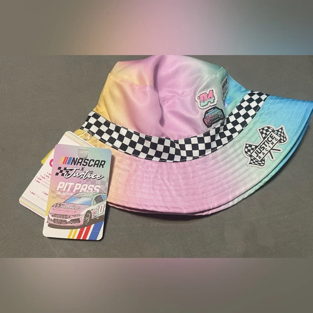 NWT Justice x NASCAR Girls Bucket Hat‎ Pastel Rainbow Checkered One Size